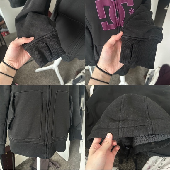 Y2K “DC” Black Embroidered Graphic Sherpa Lined Zip-up Hoodie Jacket - Picture 6 of 8